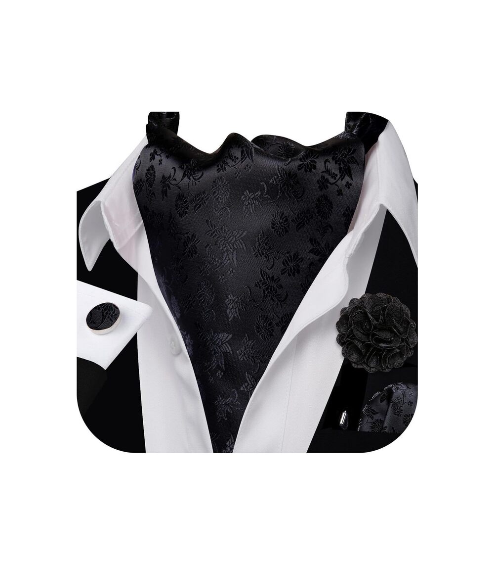 5921 Ascot Tie Cravat Floral Black Scarf Self Ties Pocket Square Cufflinks